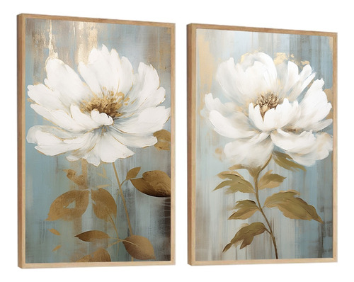 Kit 2 Quadros Decorativos Flores Brancas Abstrato Moderno