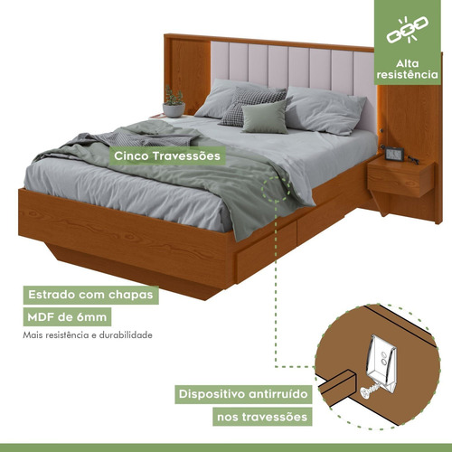 Cama Casal 140cm Com Usb, Usb-c 2 Mesa De Cabeceiras Wt