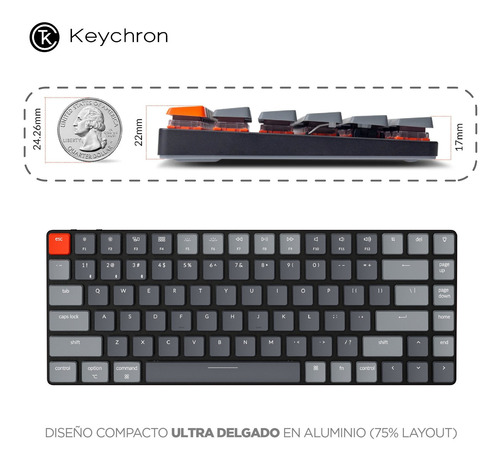 Imagen 3 de 10 de Teclado Mecanico Wireless Keychron K3 Version 2 Rgb Qwerty Brown Switch Hotswappable Distribución Ansi Inglés Us Low Profile Bluetooth Gamer Coder Pc Mac Tamaño Layout 75%
