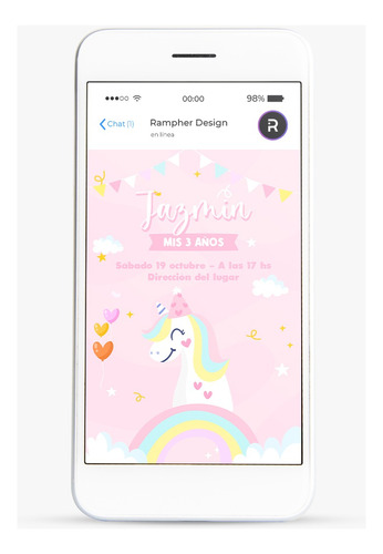 Invitación Digital Tarjeta Virtual - Unicornio Arcoiris Nube