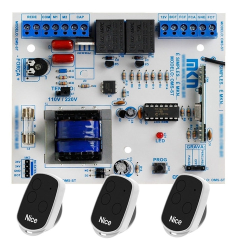 Placa Oms-st Mkn + 3 Controles Para Motor De Portão Omegasat