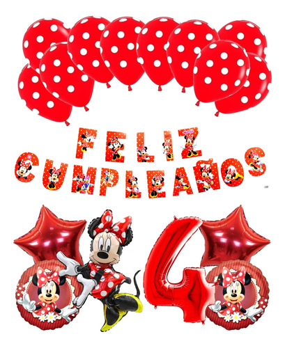 Pack Globos Minnie Roja X 6 + Banderín + Latex Lunares 