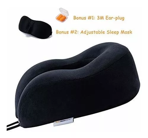 SAIREIDER Almohadas de cuello para viaje, 100% espuma viscoelástica,  almohadas de viaje ajustables con bolsa de almacenamiento, máscara de  dormir y