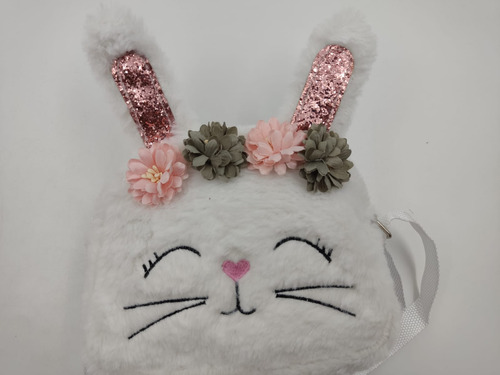 Bolso Cartera Peluche Kawaii Monedero Conejo Blanco Flores