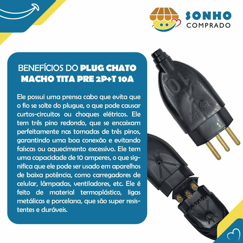 Kit 3x Plug Chato Macho Tita Prensa Cabo 10a 2p+t Interneed