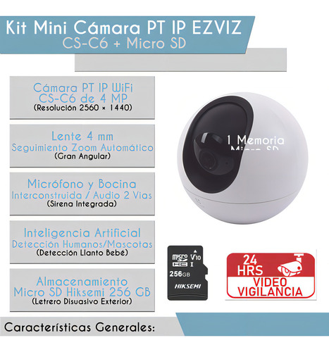 Mini câmera PTZ IP Ezviz C6-PLUS-256 PT 4 MP de armazenamento MicroSD 256 GB Detecção sem fio para humanos, animais de estimação e áudio bidirecional CS-C6 Night Vision Plus Tracking Zoom