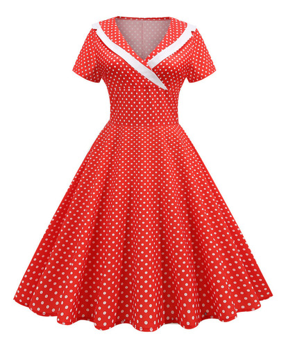 V Neck Elegant Casual Short Sleeve Polo Dot Print Dress