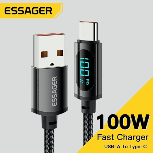 Cable USB Essager tipo C, 100 W, 7 A, con pantalla, 2 metros, color turbo, color negro