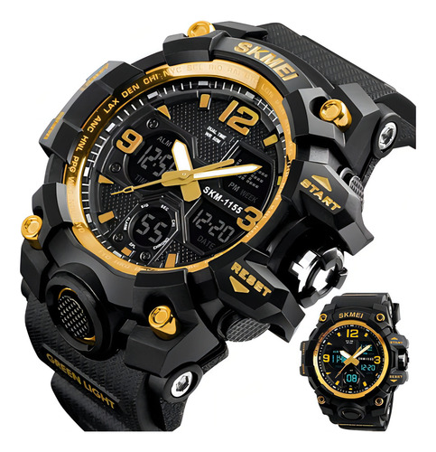 Reloj digital Skmei 1155 y puntero deportivo dorado