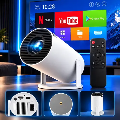 Mini Projetor Davely HY300 4K Android com Wi-Fi e Bluetooth Portátil Cinema Em Casa Imagem Nítida Controle Remoto Tela Grande Para Filmes Jogos Aulas Apresentações Alto Falante