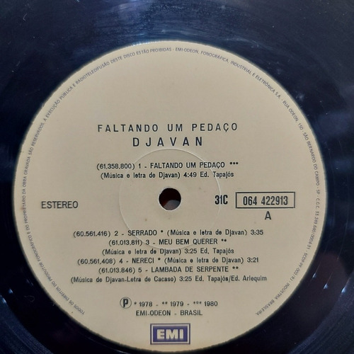 Vinil Lp Djavan Faltando Um Pedaço