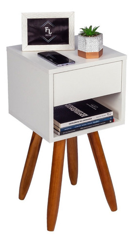 Mesa De Cabeceira Retro 30cm Pé Palito- Acabamento Pés Castanho (claros) Cor Branco