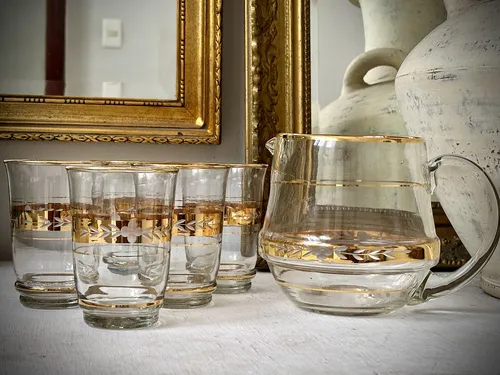 comprar Juego De Vasos Y Jarra Antiguo Vintage Oro Y Tallado