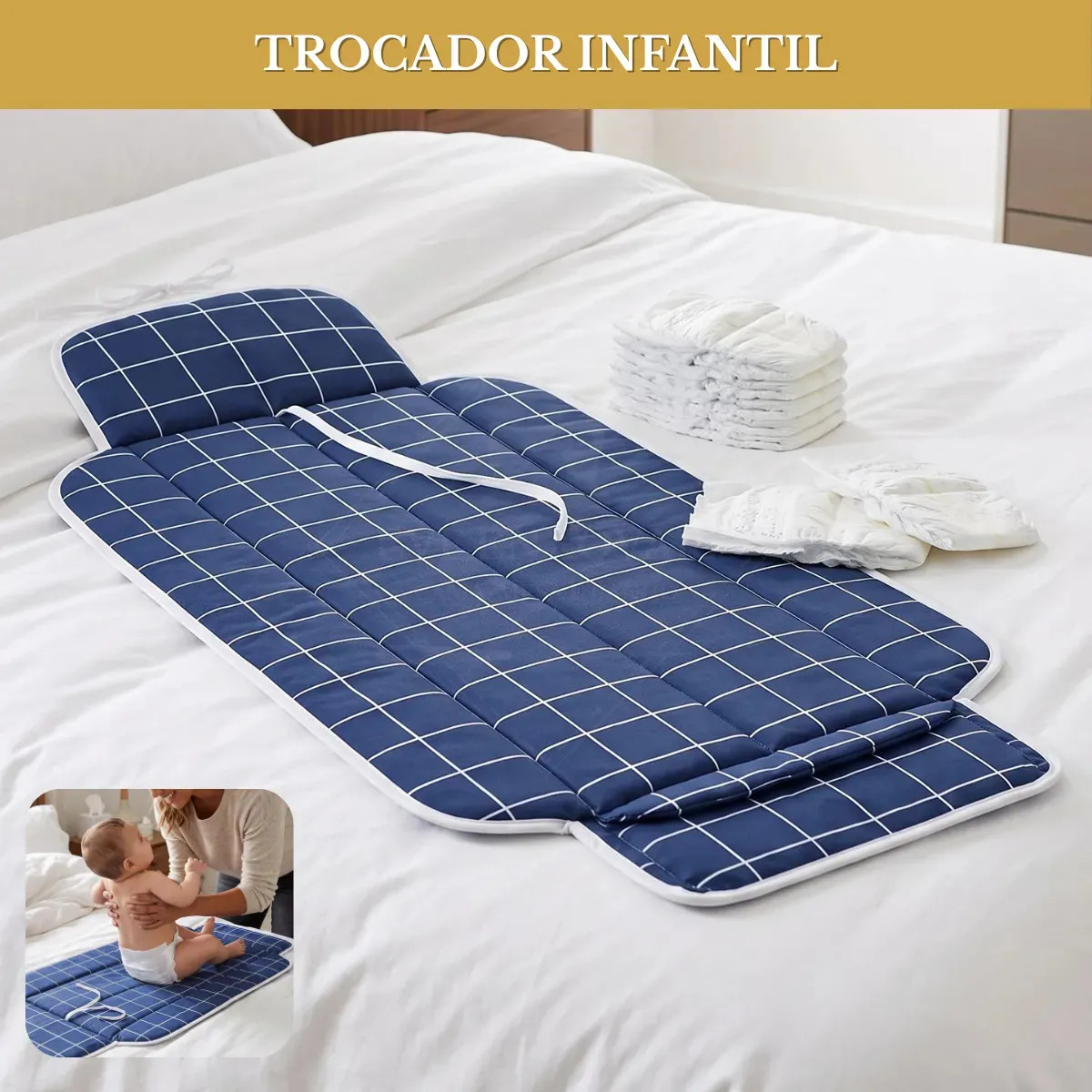 Trocador De Fralda Grid Impermeável Dobrável Portátil Para Bebê Compacto Macio Confortável Premium