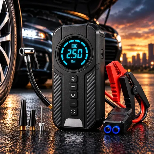 Auxiliar De Partida Bateria Carro Compressor De Ar Portatil 12v 4 Funcoes Em 1 Inflador Digital Calibrador Pneu Power Bank Lanterna Led Emergencia