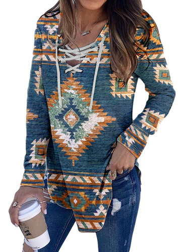 Printed V Neck Strap Long Sleeve Undershirt T Shirt