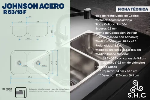 Bacha Doble Johnson R 63/18f De Arriba 70.5x43.5 Combo Full