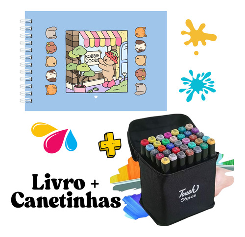 Kit Livro Colorir Urso Bob (azul) Capa Dura + 36 Canetas Touch Ponta Dupla
