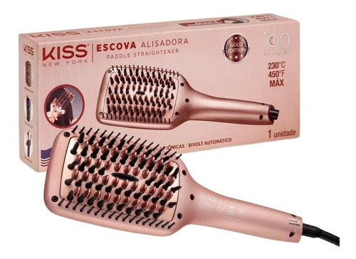 Escova Alisadora Paddle Straightener Kiss New York Bivolt Cor Dourado