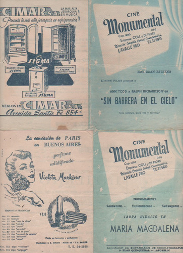 Lote 2 Antiguos Programa Cine - Monumental - Año 1954