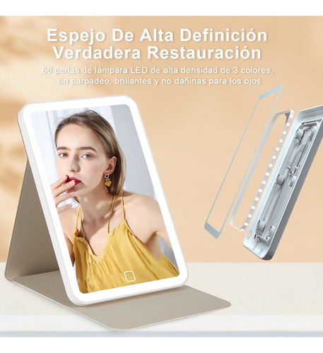 Espejo De Maquillaje Plegable Led De 3 Nivele Recargable Usb