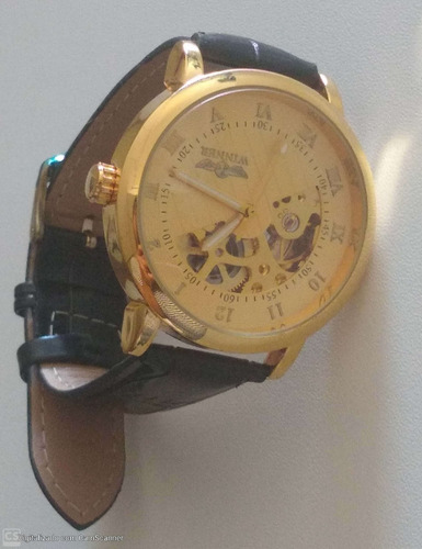 Relógio Automático De Luxo Masculino Couro Dourado + Brinde