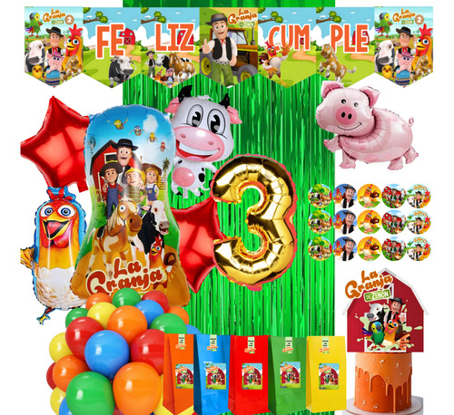 Combo Globos Granja De Zenón Bolsitax15 Banderin Stickers Dorado Número 3