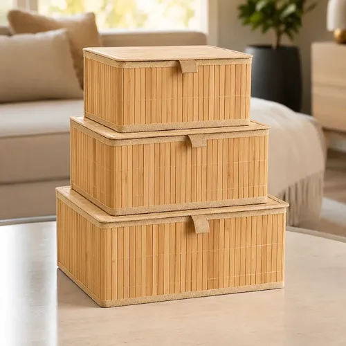 3 Caixa Com Tampa Multiuso Bambu Organizador Tam P M E G Cesto Palha Natural Premium Decoração Ambientes Sala Quarto Cozinha Escritório Moderno Boho Luxo