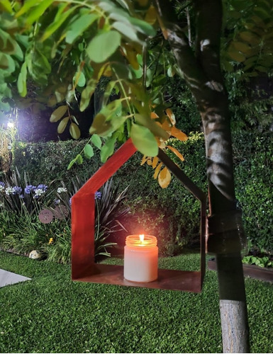 Imagen 2 de 4 de Fanal Casita Abierta Porta Vela Deco Chapa Oxido Colgante