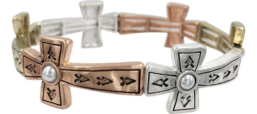 Pulsera Elástica De Metales Mixtos Con Cruz Cristiana Latera