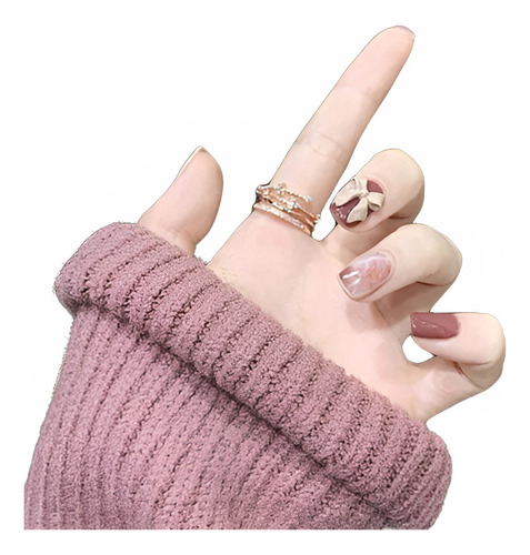 Uñas Postizas Cortas Pequeñas Moño Café Perlas Rosado Press