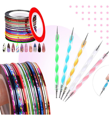 Kit Decoracion Uñas 5 Dotting + 10 Cintas Surtidas Lefemme