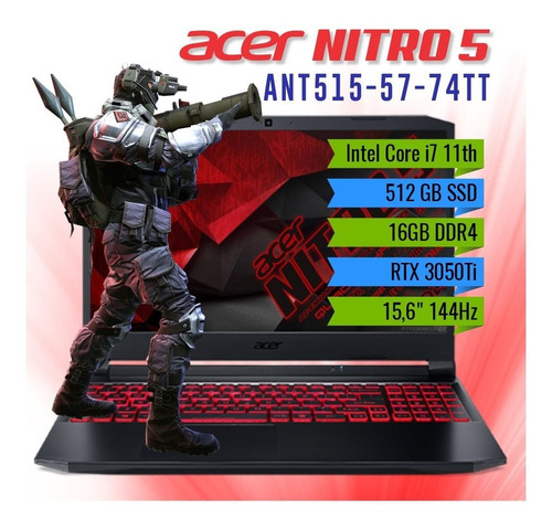 Portátil Acer Nitro5 Core I7 11th 16gb Rtx3050ti 512gb Win11