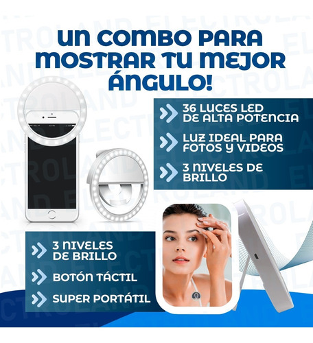 Imagen 4 de 10 de Combo Aro Sefie Para Celular + Espejo Táctil Luz Led Usb