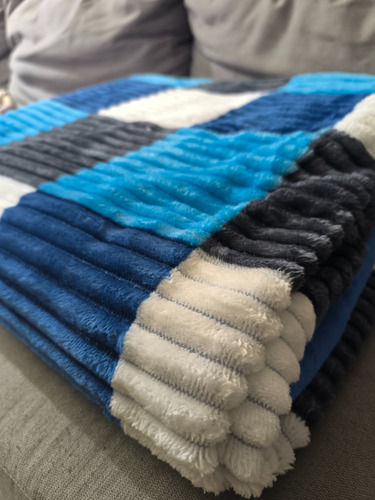 Frazada/manta Flannel A Cuadros Con Corderito Azul Rayas