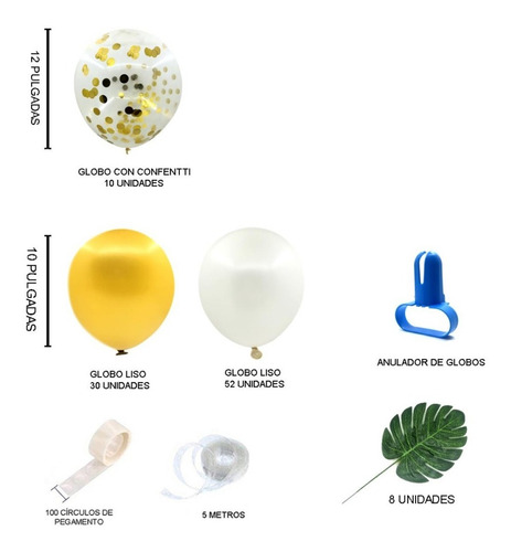 Set Arco Globos Blanco Y Dorado + Cinta +anudador 103 Piezas