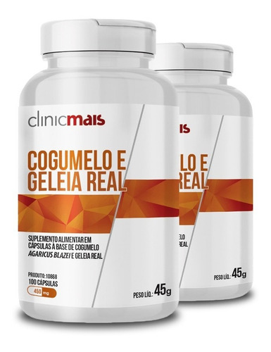 Kit Com 2 Geleia Real E Cogumelo 450mg Chá Mais 100 Cápsulas Sabor Sem Sabor