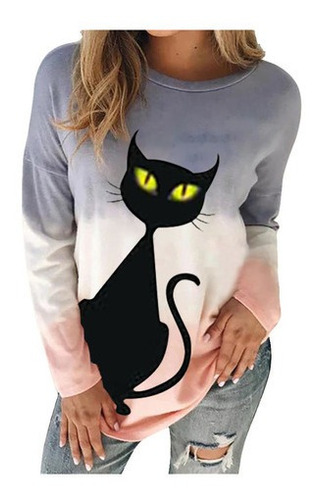 Las Mujeres O-cuello Suelto Gato Mangas Largas Tops Blusa Gr