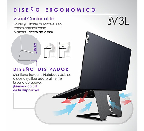 Imagen 5 de 7 de Soporte Notebook Bam V3l Largo Mac-pc 17a17,3 Metal Premium!