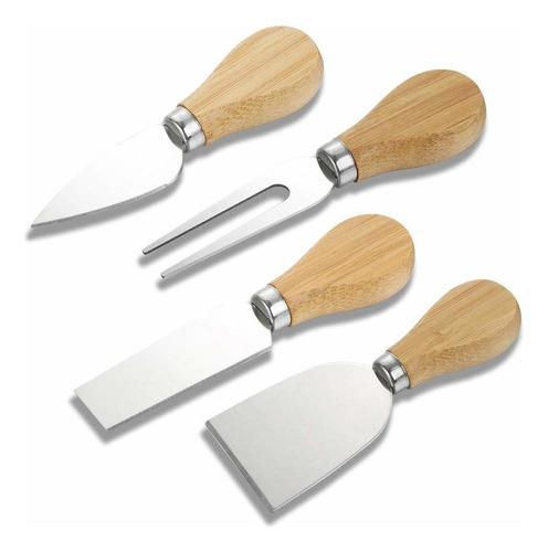 Set Of 4, Cheese Knives With Bamboo Wood Handle, Futu Ste