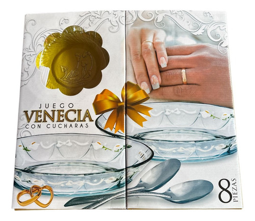 Set 8 Piezas Vajilla Platos Vidrio Y Cucharas Acero Inox Transparente Venecia