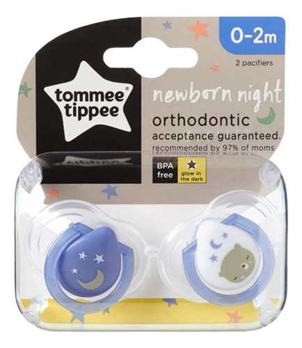 Chupete nocturno Tommee Tippee para recién nacidos de 0 a 2 meses, 2 en color azul/blanco