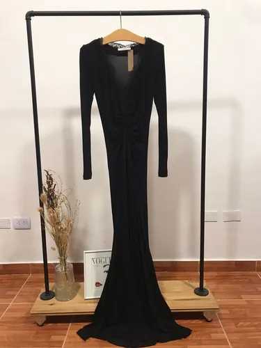 Vestido Negro Awada Con Puntilla Escote V Y Frunce Talle 2 (Usado)