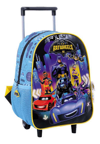 Mochila Carro Batwheels 12 Multipersonajes Color Celeste Diseño De La Tela Estampada