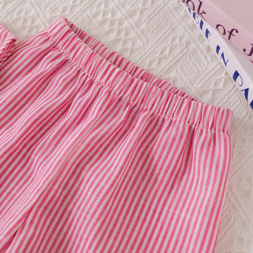 Conjunto Para Niñas Top De Moños Pantalón Pie Ancho Rayas Rosa - Blanco 7 Años