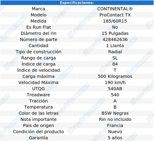 Llanta 185/60r15 84t Continental Procontact Tx