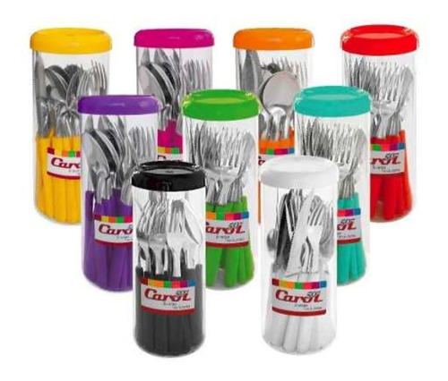 Juego 24 Cubiertos De Colores Set Carol Acero Inox + Frasco