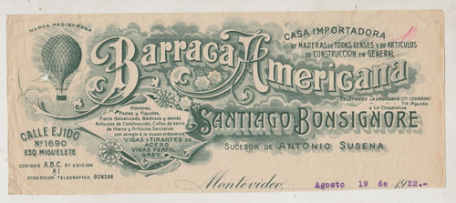 1922 Papel Art Nouveau Barraca Americana Uruguay Bonsignore