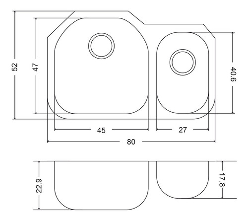 Fregadero Cocina Submontar 2 Tinas 80x52x23 Eb A31209br