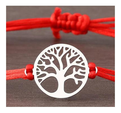 Imagen 6 de 6 de Pulsera Roja Unisex Árbol De La Vida Acero Listón Protección